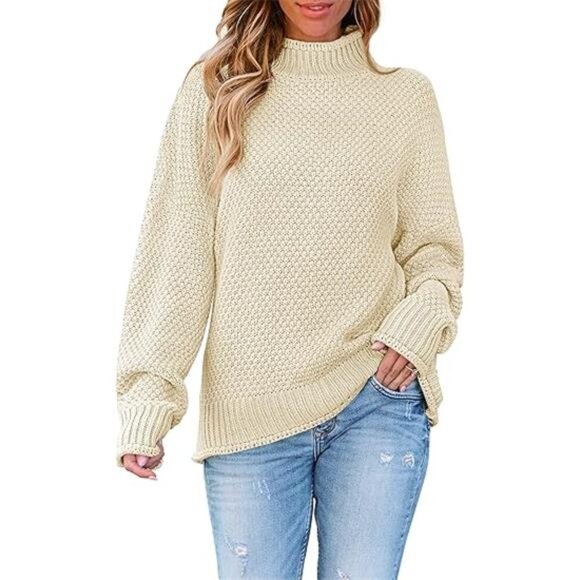 Women's Turtleneck Batwing Sleeve Oversized Chunky Knit Pullover Sweater - Picture 2 of 7